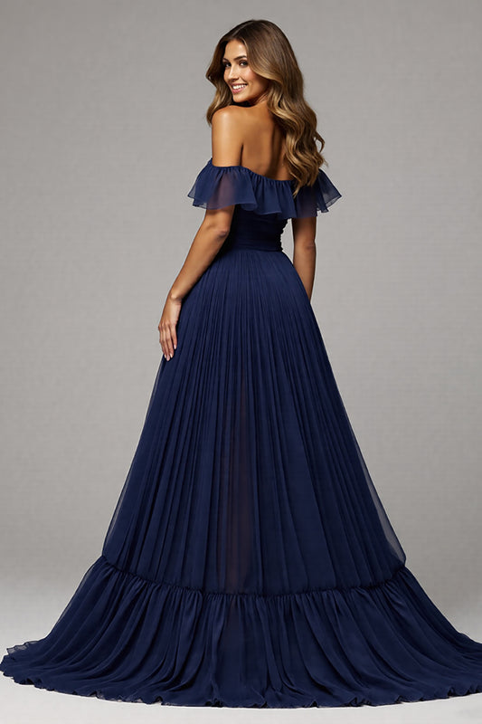 Navy Pleated A Line Off the Shoulder Long Prom Dress with Slit