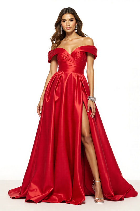 A Line Red Satin Off the Shoulder Long Prom Dress with Slit