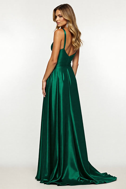 Dark Green V-Neck Satin Long A Line Prom Dress with Slit