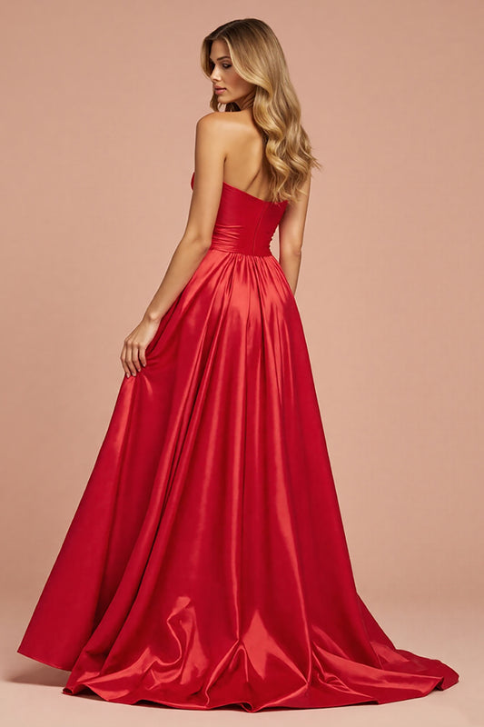 Red A Line Satin Long Strapless Prom Dress with Slit