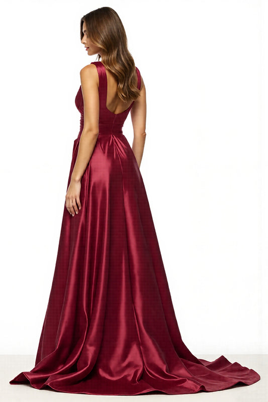 Satin Burgundy V-Neck A Line Long Prom Dress with Slit