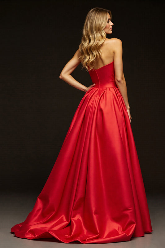 Red Sweetheart A Line Long Satin Prom Dress with Slit
