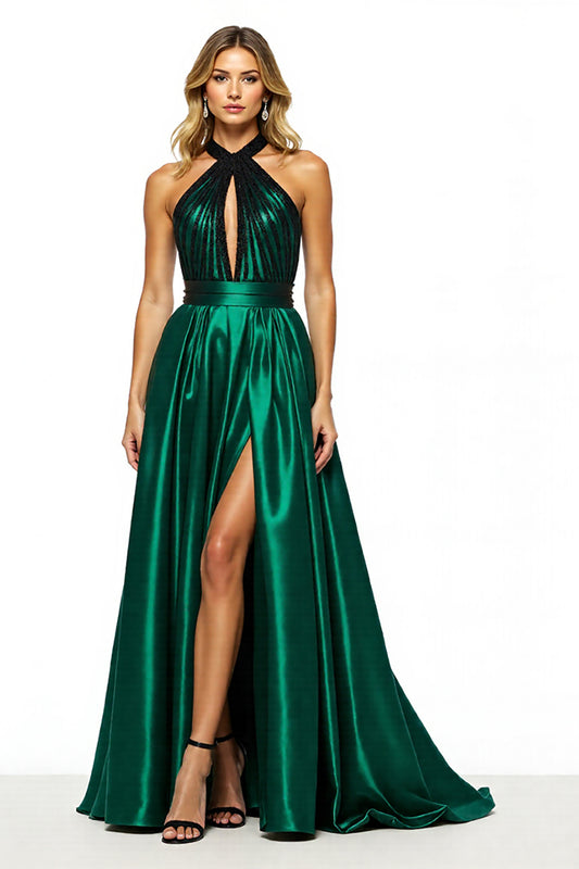 Dark Green Satin Keyhole A Line Halter Long Prom Dress with Slit
