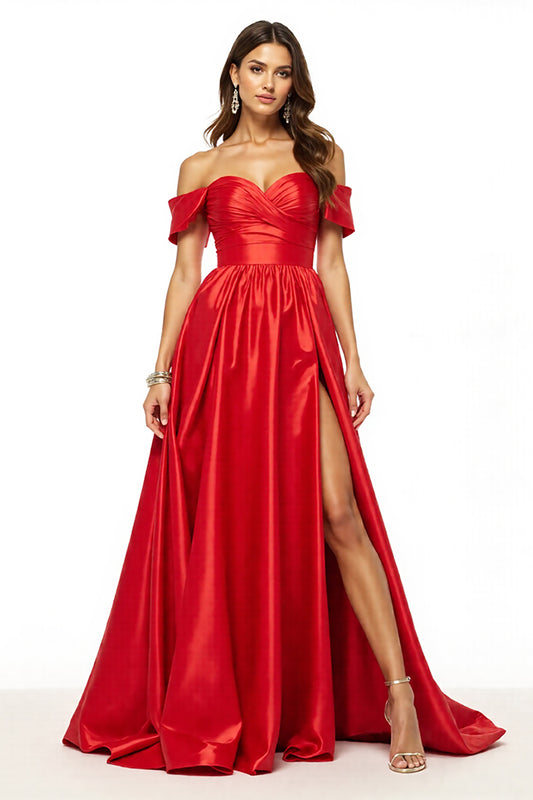 Satin Red Off the Shoulder Long A Line Prom Dress with Slit