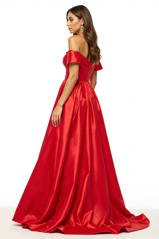 Satin Red Off the Shoulder Long A Line Prom Dress with Slit