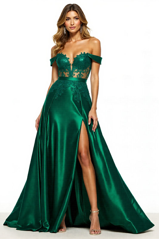 Dark Green Off the Shoulder Long Satin Prom Dress with Slit