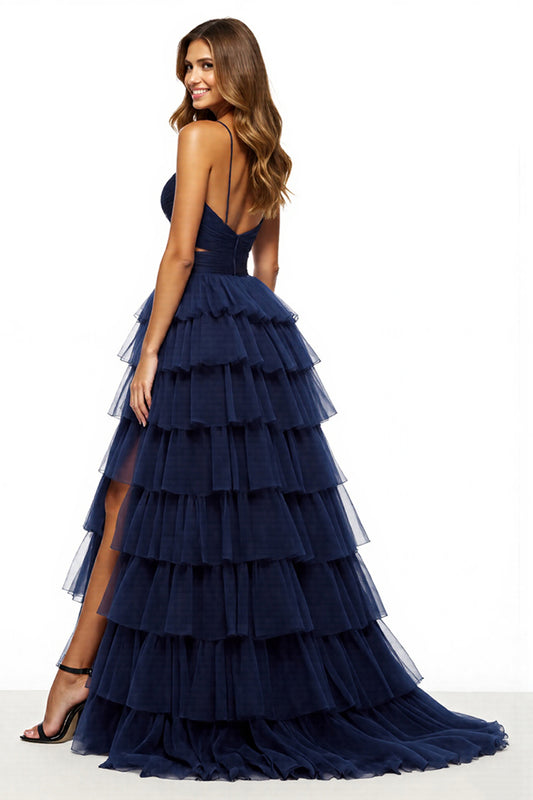 Navy Tiered Tulle V-Neck A Line Long Prom Dress with Slit