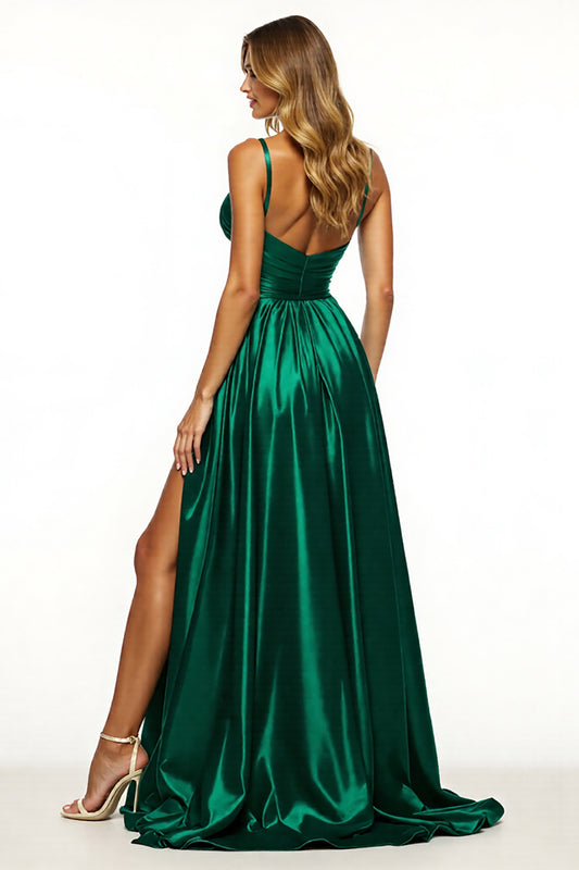 Dark Green A Line V-Neck Satin Long Prom Dress with Slit