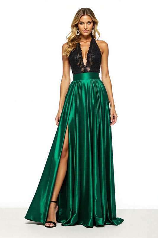Black Green Satin Halter A Line Long Prom Dress with Slit