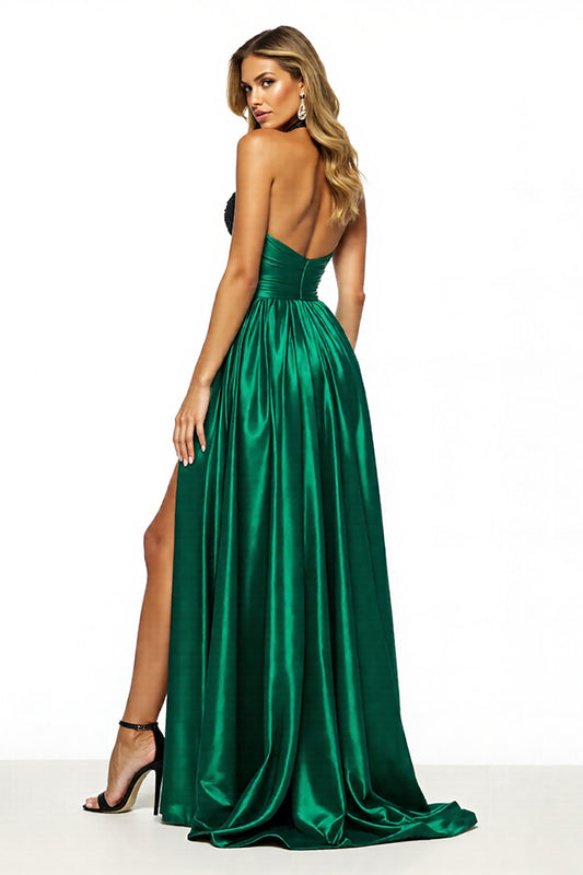 Black Green Satin Halter A Line Long Prom Dress with Slit