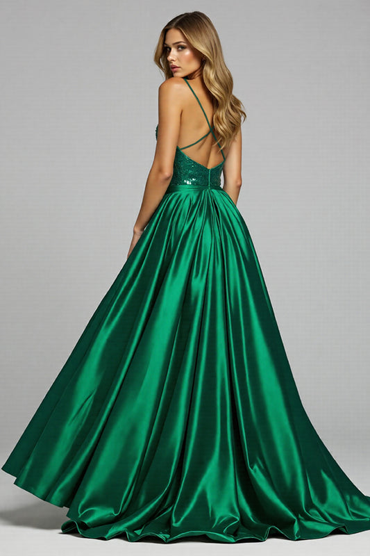 Sparkly Dark Green Deep V-Neck Satin Long Prom Dress with Slit