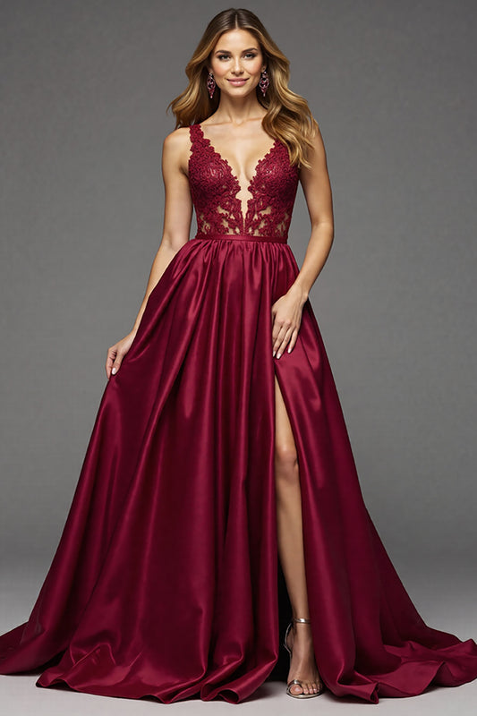 Burgundy Deep V-Neck A Line Long Prom Dress with Lace