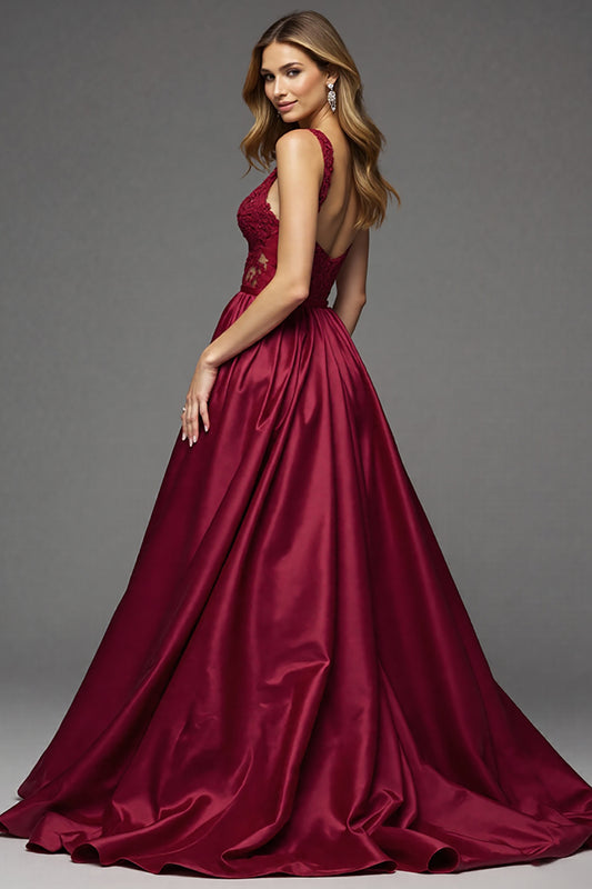 Burgundy Deep V-Neck A Line Long Prom Dress with Lace