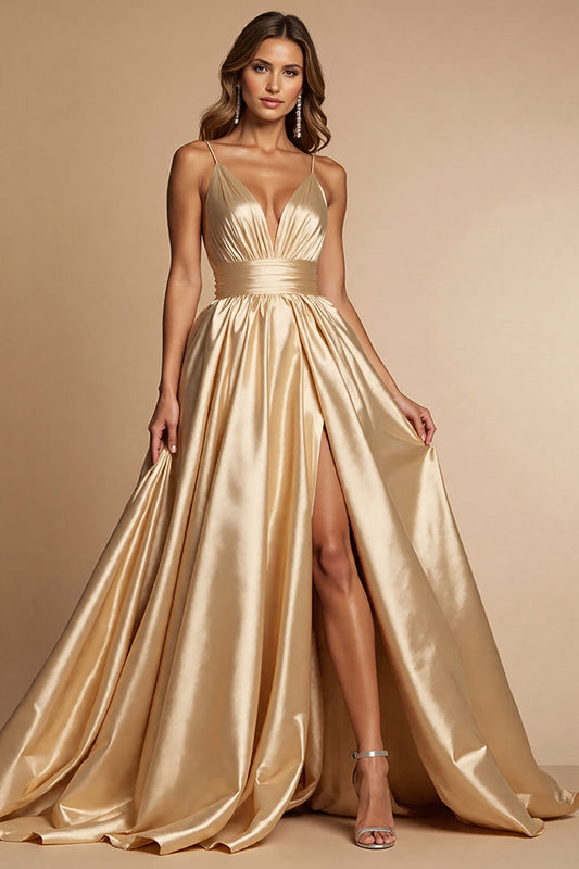Golden Satin A Line Spaghetti Straps Long Prom Dress with Slit