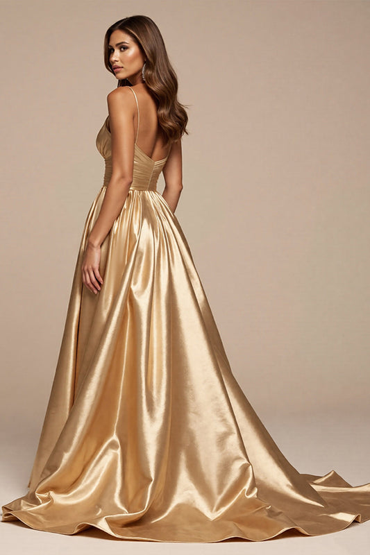 Golden Satin A Line Spaghetti Straps Long Prom Dress with Slit