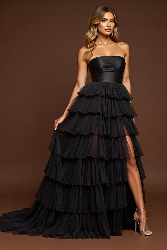 Black Tulle A Line Strapless Long Tiered Prom Dress with Slit