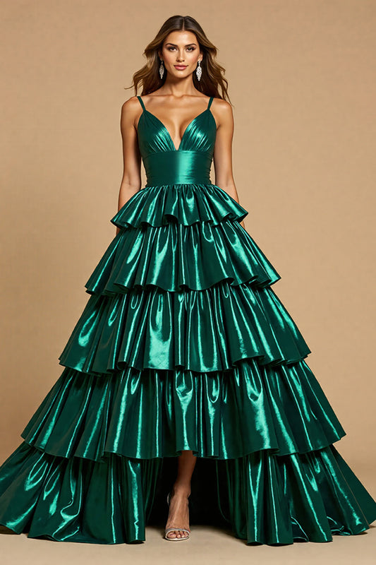 Sparkly Dark Green Satin A Line Tiered Long Prom Dress