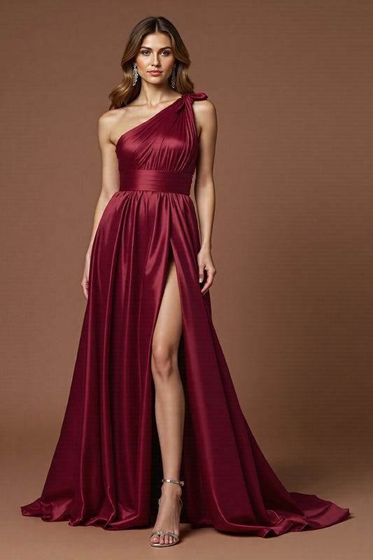 Burgundy Satin A Line One Shoulder Long Prom Dress with Slit