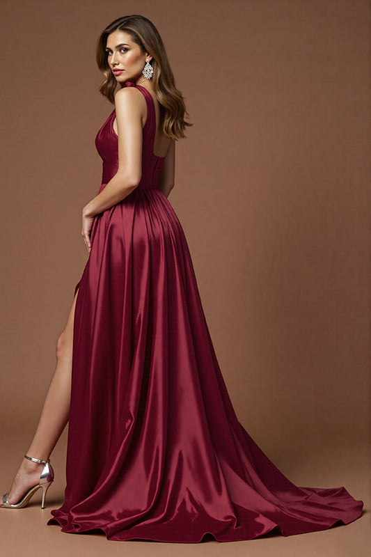 Burgundy Satin A Line One Shoulder Long Prom Dress with Slit
