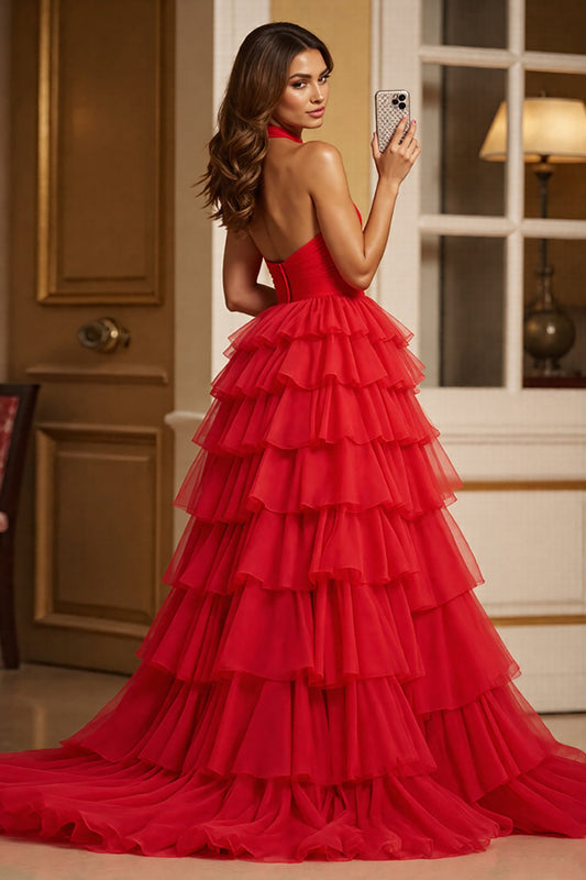 Red A Line Tulle Keyhole Halter Long Tiered Prom Dress with Slit