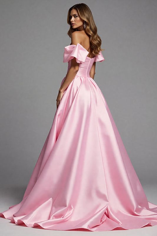 Pink Satin A Line Off the Shoulder Long Prom Dress with Ruffles