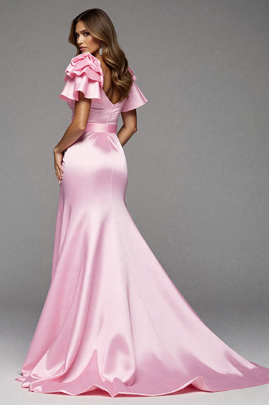 Pink Satin Ruffled Long Mermaid Prom Dress with Slit