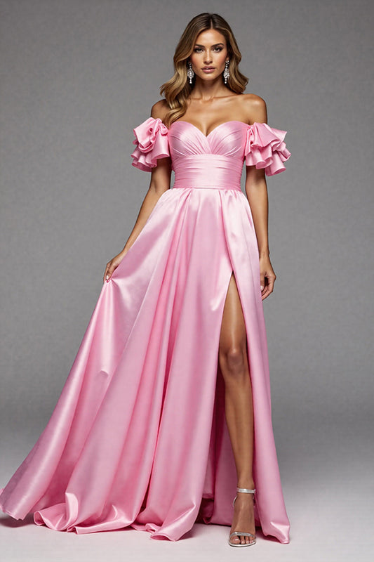 Pink A Line Satin Ruffled Off the Shoulder Long Prom Dress with Slit