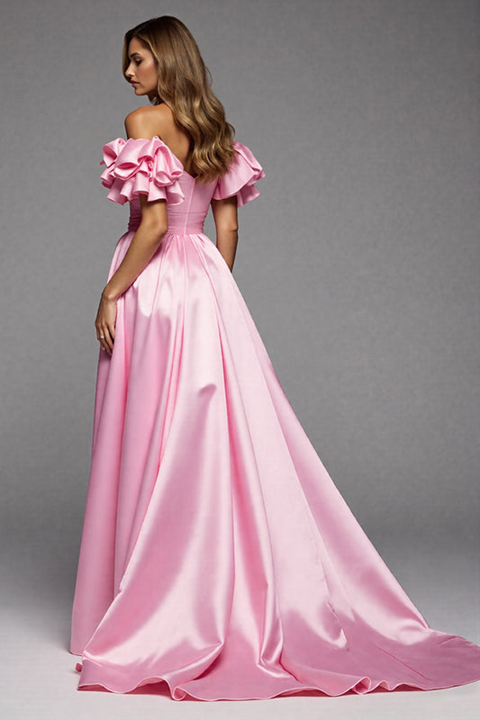 Pink A Line Satin Ruffled Off the Shoulder Long Prom Dress with Slit