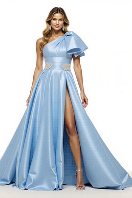 Sparkly Blue Satin A Line Ruffled Long Beaded Prom Dress with Slit