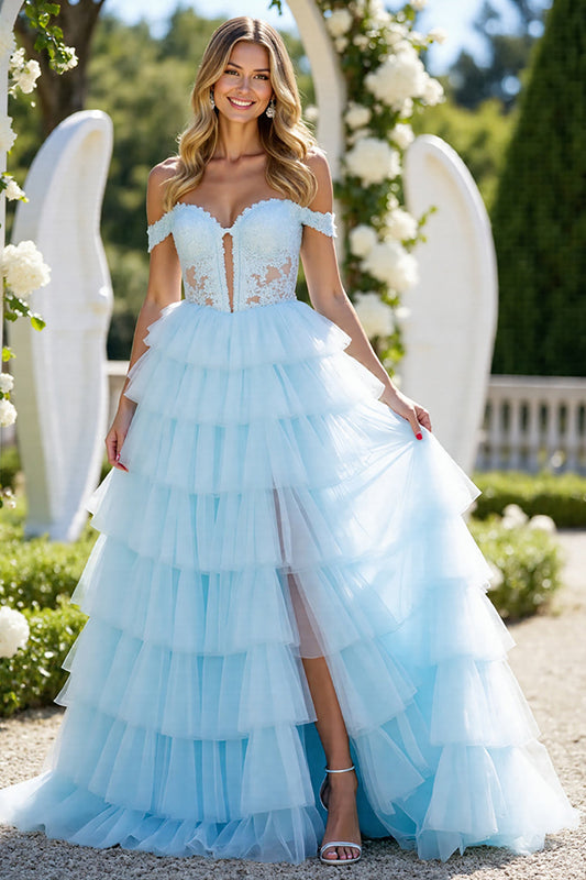 Blue Tulle A Line Off the Shoulder Long Tiered Prom Dress with Slit