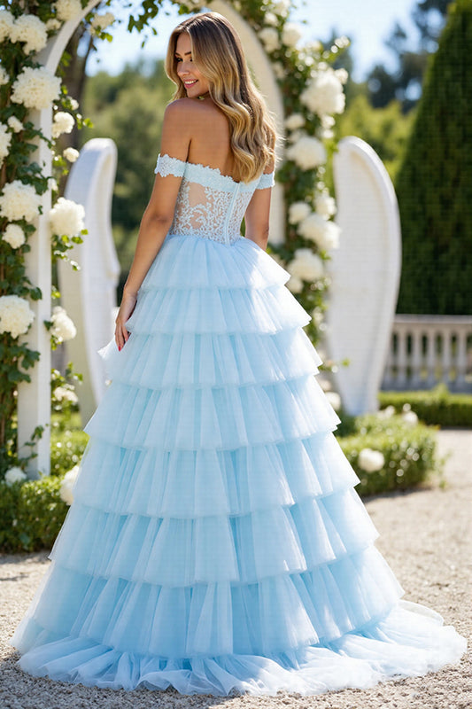 Blue Tulle A Line Off the Shoulder Long Tiered Prom Dress with Slit