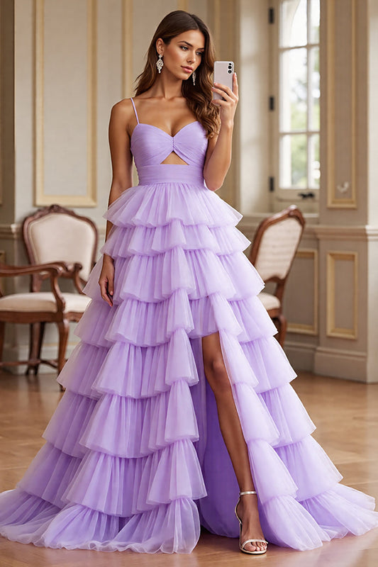 Purple Tulle A Line Spaghetti Straps Long Tiered Prom Dress with Slit