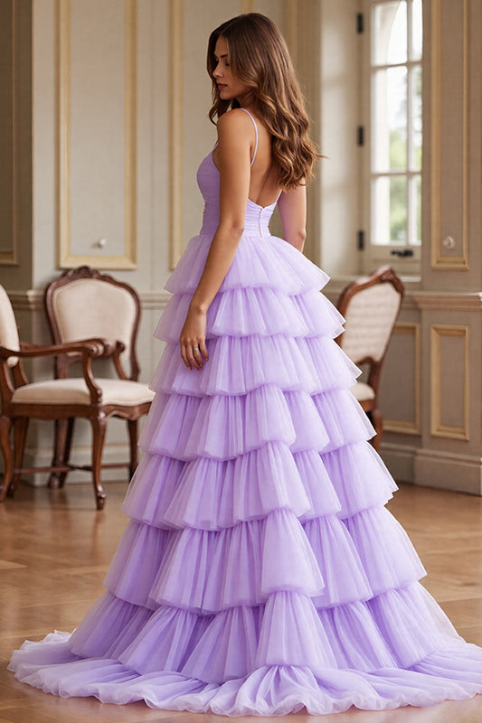 Purple Tulle A Line Spaghetti Straps Long Tiered Prom Dress with Slit