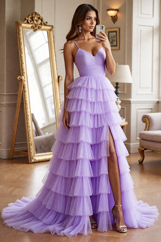 Purple Tulle Tiered A Line Long Prom Dress with Slit
