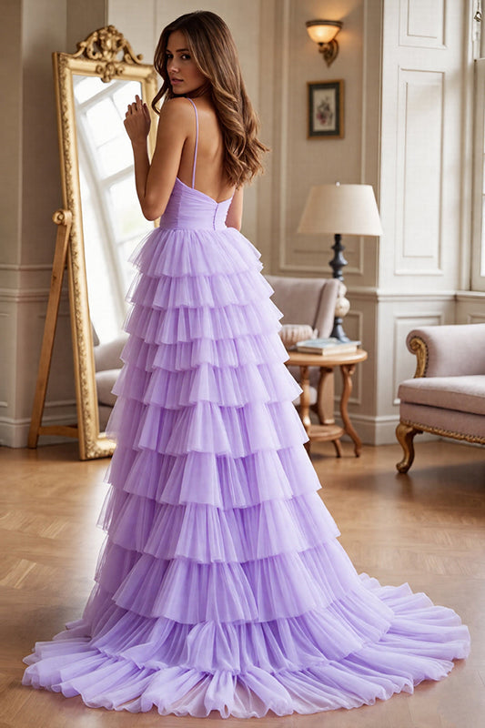 Purple Tulle Tiered A Line Long Prom Dress with Slit