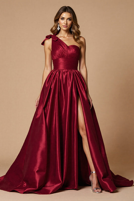 Burgundy A Line One Shoulder Long Satin Prom Dress with Slit