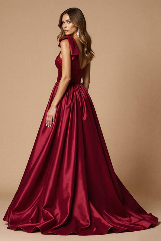 Burgundy A Line One Shoulder Long Satin Prom Dress with Slit