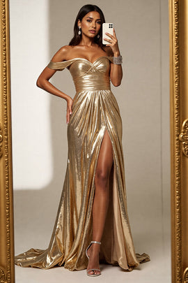 Sparkly Golden Metallic A Line Off the Shoulder Long Prom Dress with Slit