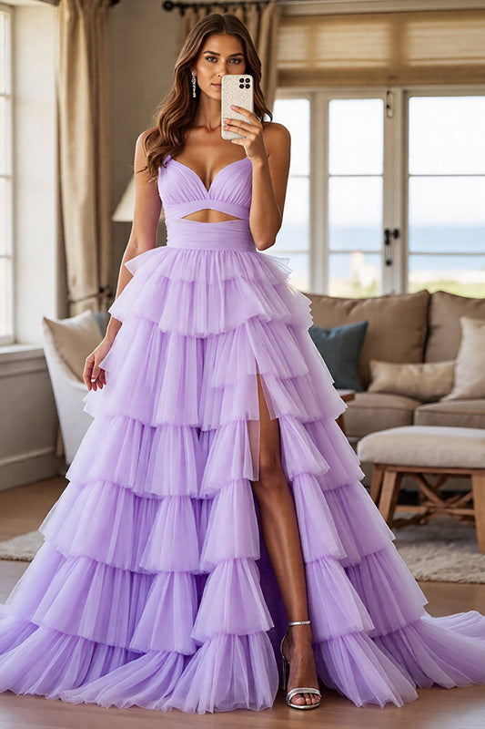 Purple Tulle Tiered A Line Keyhole Long Prom Dress with Slit