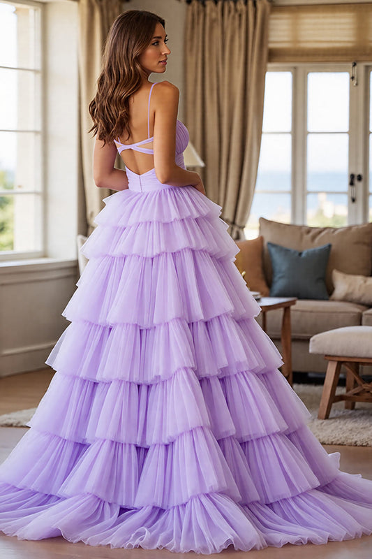 Purple Tulle Tiered A Line Keyhole Long Prom Dress with Slit