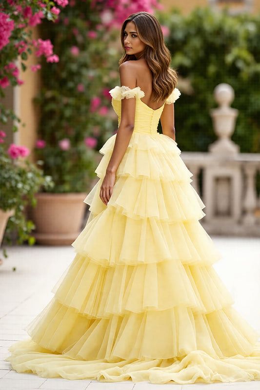 Yellow Tulle Ball Gown Off the Shoulder Tiered Long Prom Dress with Slit