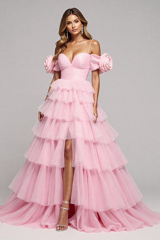 Pink Floral Tulle A Line Long Tiered Prom Dress with Slit