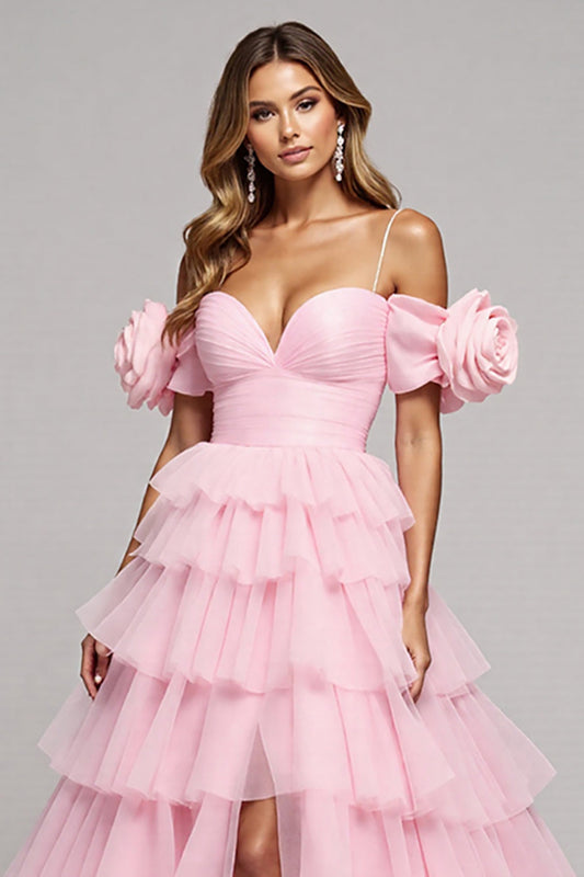 Pink Floral Tulle A Line Long Tiered Prom Dress with Slit