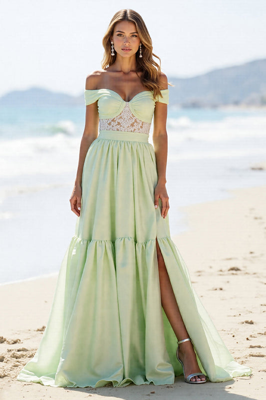 Green Off the Shoulder Long A Line Prom Dress with Slit