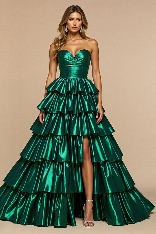 Dark Green A Line Satin Tiered Long Strapless Prom Dress with Slit
