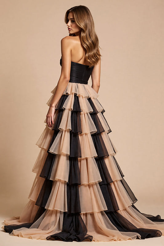 Black and Pink Tulle A Line Strapless Long Prom Dress with Slit