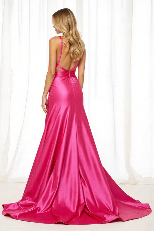 Fuchsia Satin A Line V-Neck Long Prom Dress with Slit