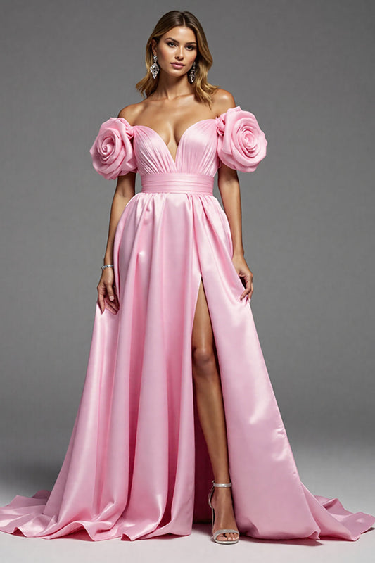 Pink Satin A Line Off the Shoulder Long Floral Prom Dress with Slit
