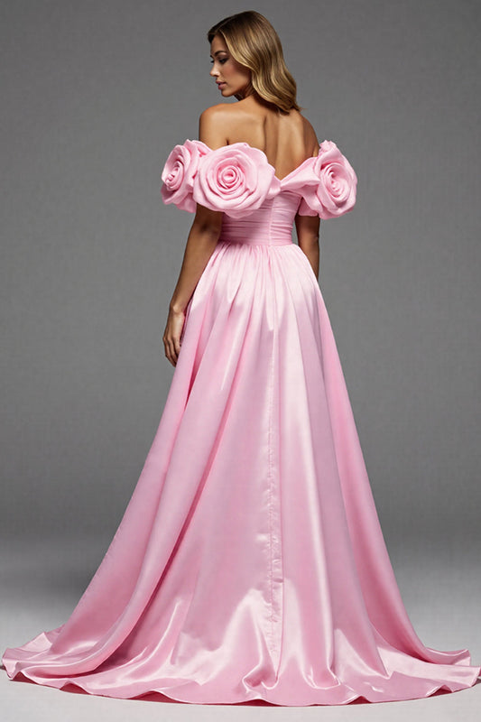 Pink Satin A Line Off the Shoulder Long Floral Prom Dress with Slit
