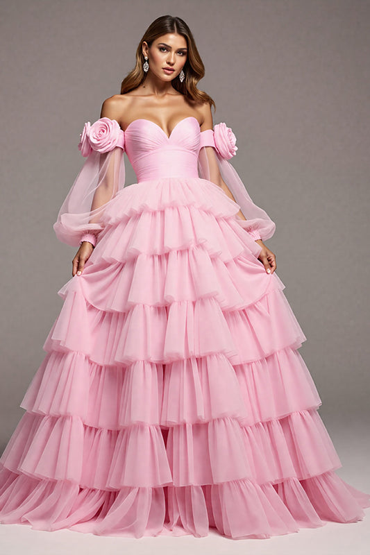 Floral Pink Tulle Ball Gown Long Prom Dress with Ruffles